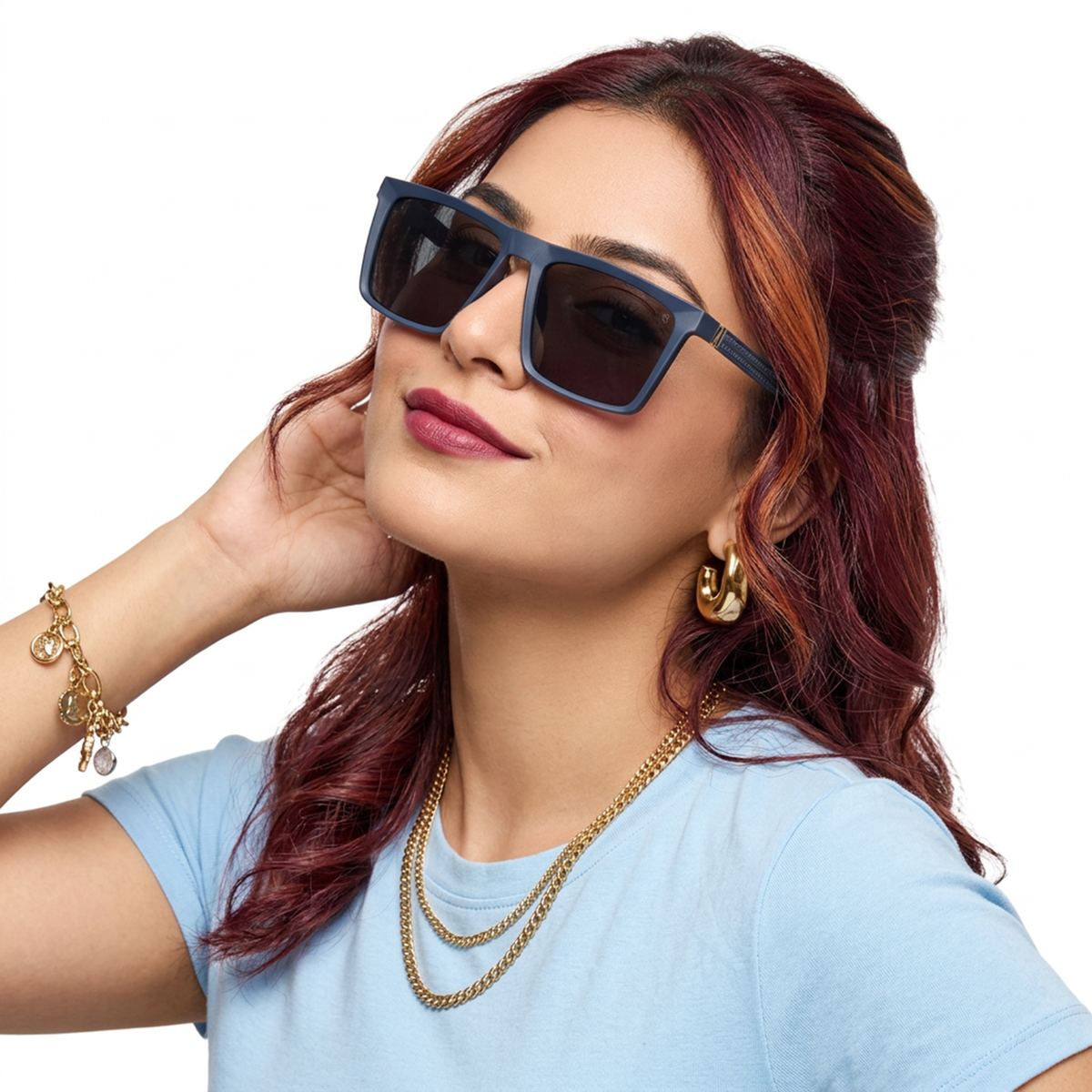 Eyejack Navy Blue Square Sunglasses for Men and Women - Style L768 - worn by a male model (image 3)