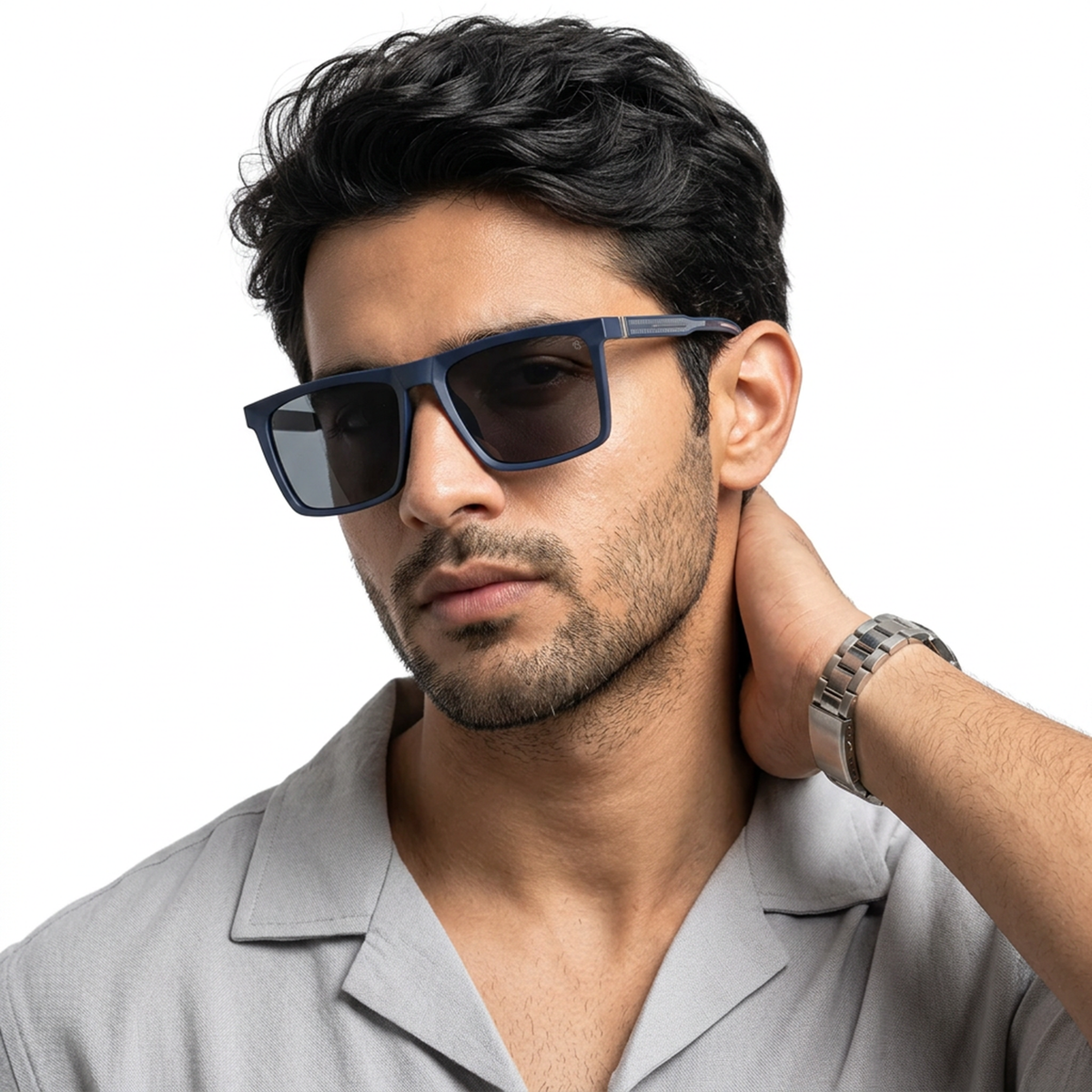 Eyejack Navy Blue Square Sunglasses for Men and Women - Style L768 - worn by a male model (image 1)
