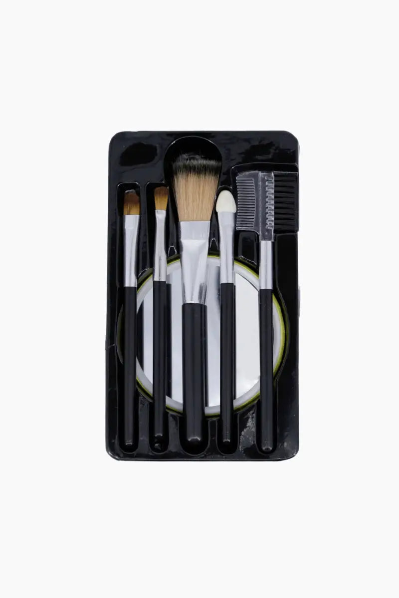 Makeup Brush and Mirror Set (Black) - Pack of 6