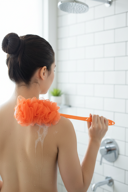 Vivin Luxury Long Handle Nylon Mesh loofah - Orange (Pack of 1) SUPER