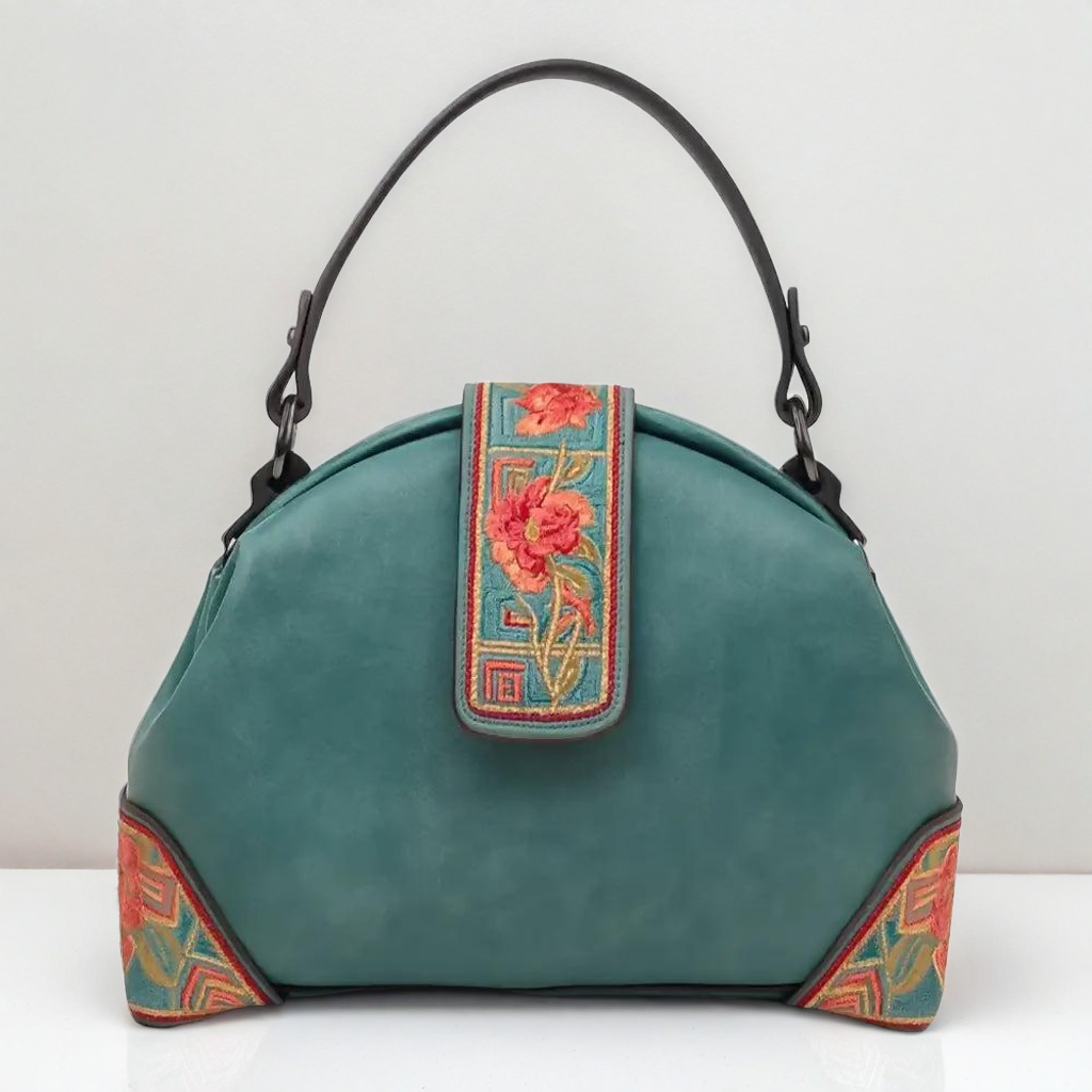 Embroidered Dome-Shape Handbag with Floral Detail