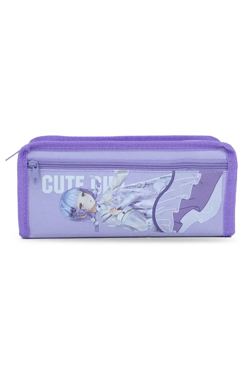 Cute Girl Cartoon Printed Pencil Pouch - Lavender