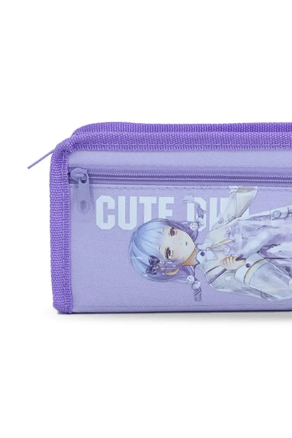 Cute Girl Cartoon Printed Pencil Pouch - Lavender