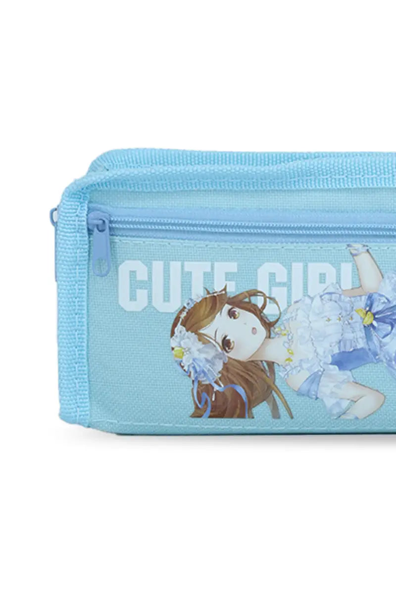 Cute Girl Cartoon Printed Pencil Pouch - Sky blue
