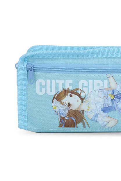 Cute Girl Cartoon Printed Pencil Pouch - Sky blue
