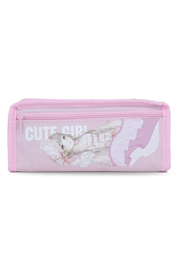 Cute Girl Cartoon Printed Pencil Pouch - Pink