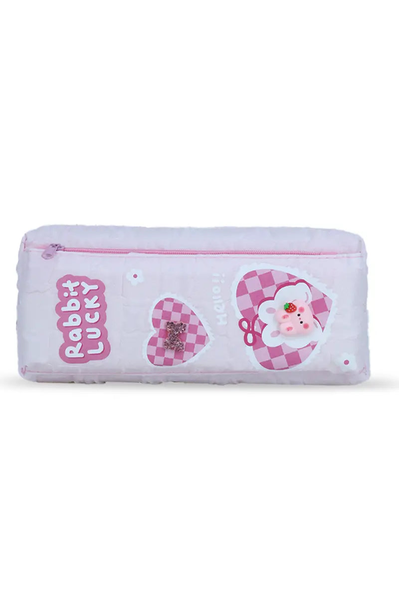 Rabbit Lucky Cartoon Printed Pencil Pouch - Baby Pink