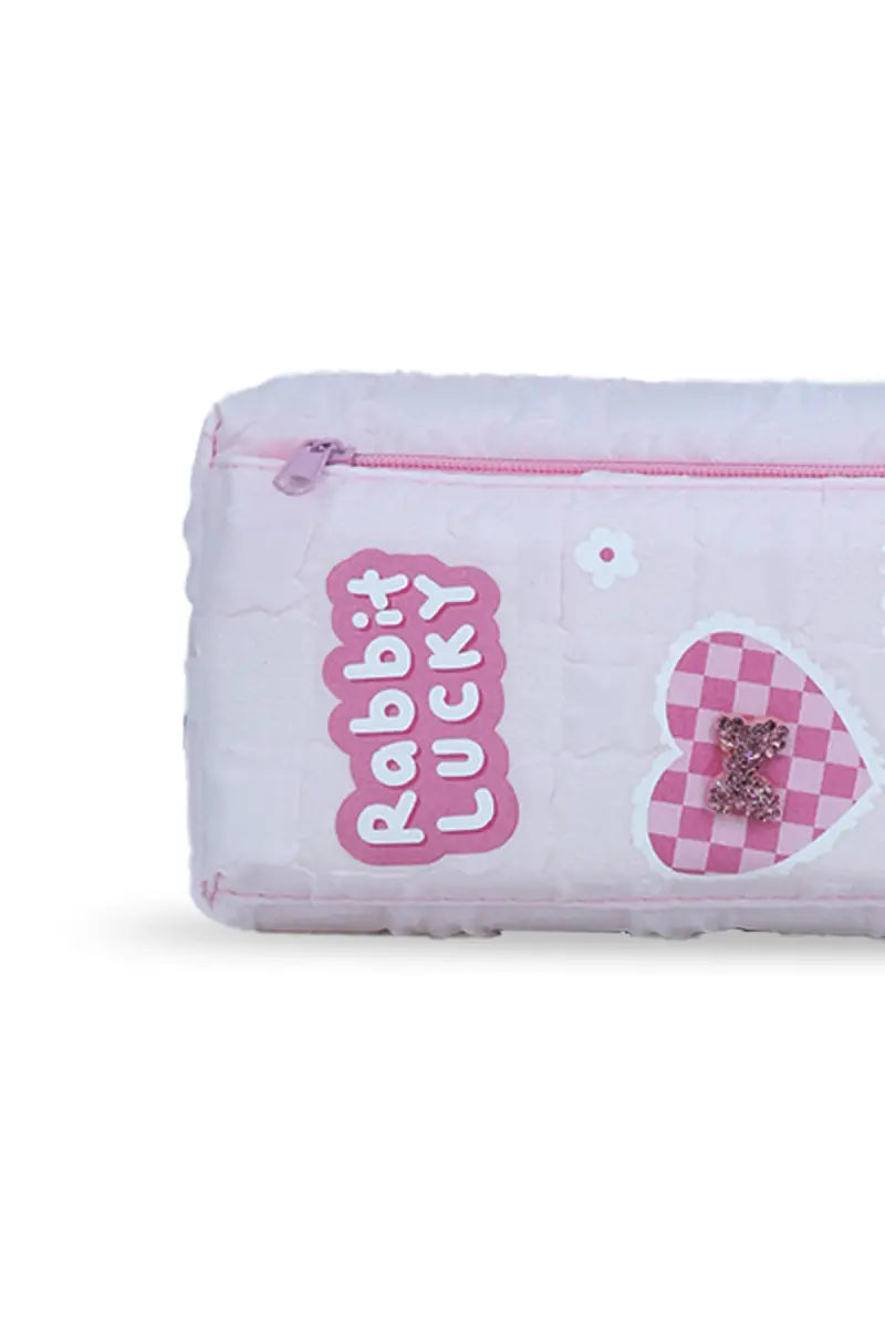 Rabbit Lucky Cartoon Printed Pencil Pouch - Baby Pink