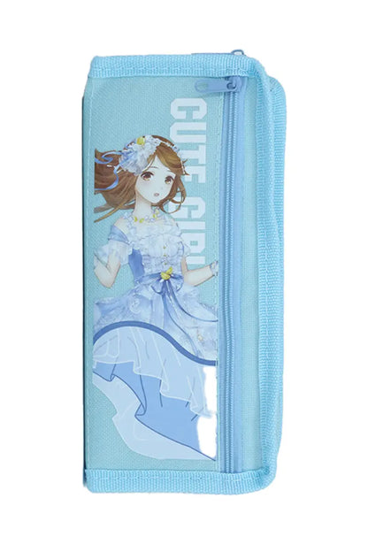 Cute Girl Cartoon Printed Pencil Pouch - Sky blue