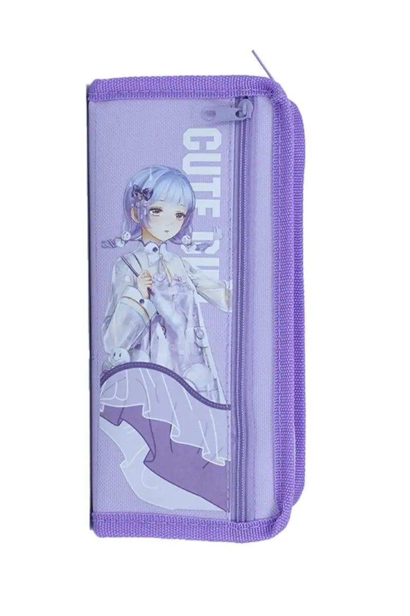 Cute Girl Cartoon Printed Pencil Pouch - Lavender