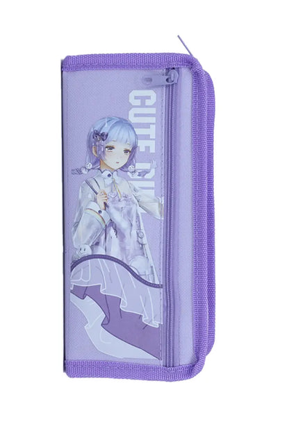 Cute Girl Cartoon Printed Pencil Pouch - Lavender