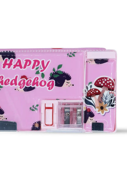 3D Hedgehog Printed Pencil Box with Sharpener (Pink)