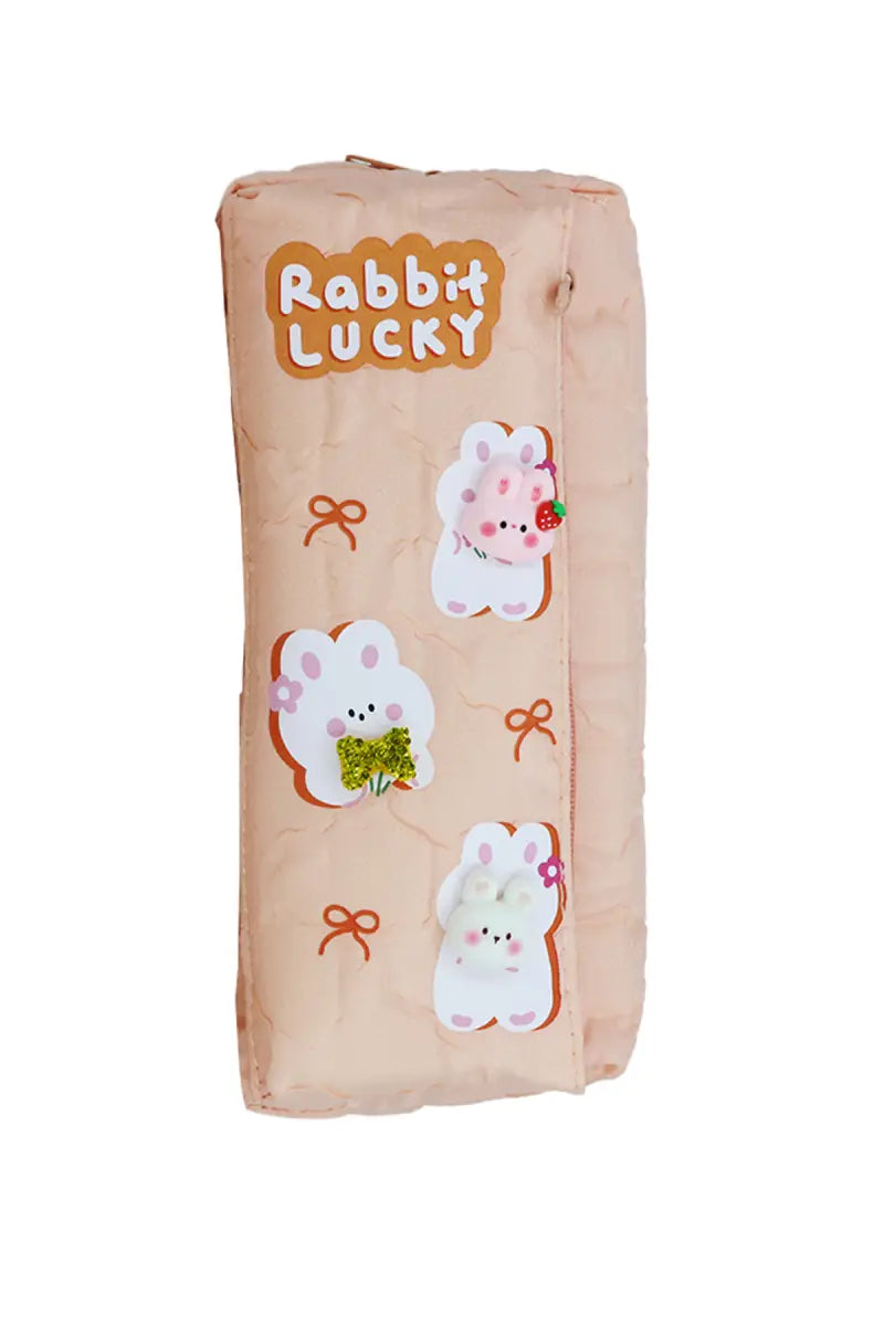 Rabbit Lucky Cartoon Printed Pencil Pouch - Peach