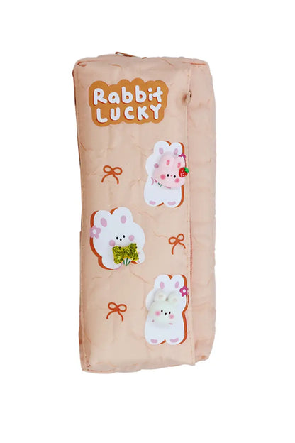 Rabbit Lucky Cartoon Printed Pencil Pouch - Peach