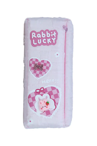 Rabbit Lucky Cartoon Printed Pencil Pouch - Baby Pink