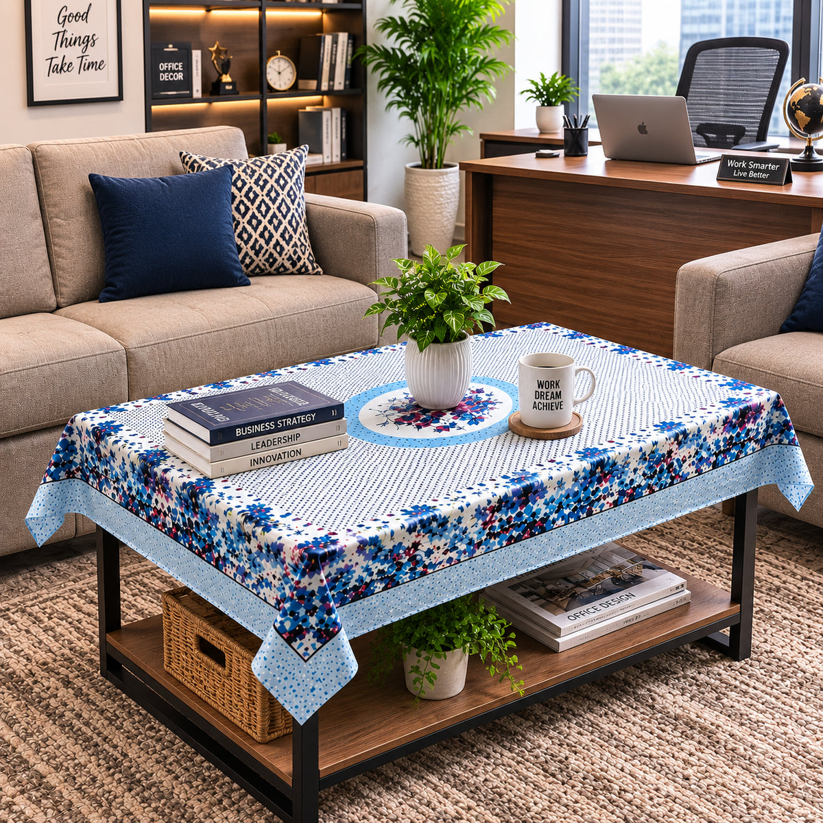 Blue Aster printed cotton table cover in blue - image 1