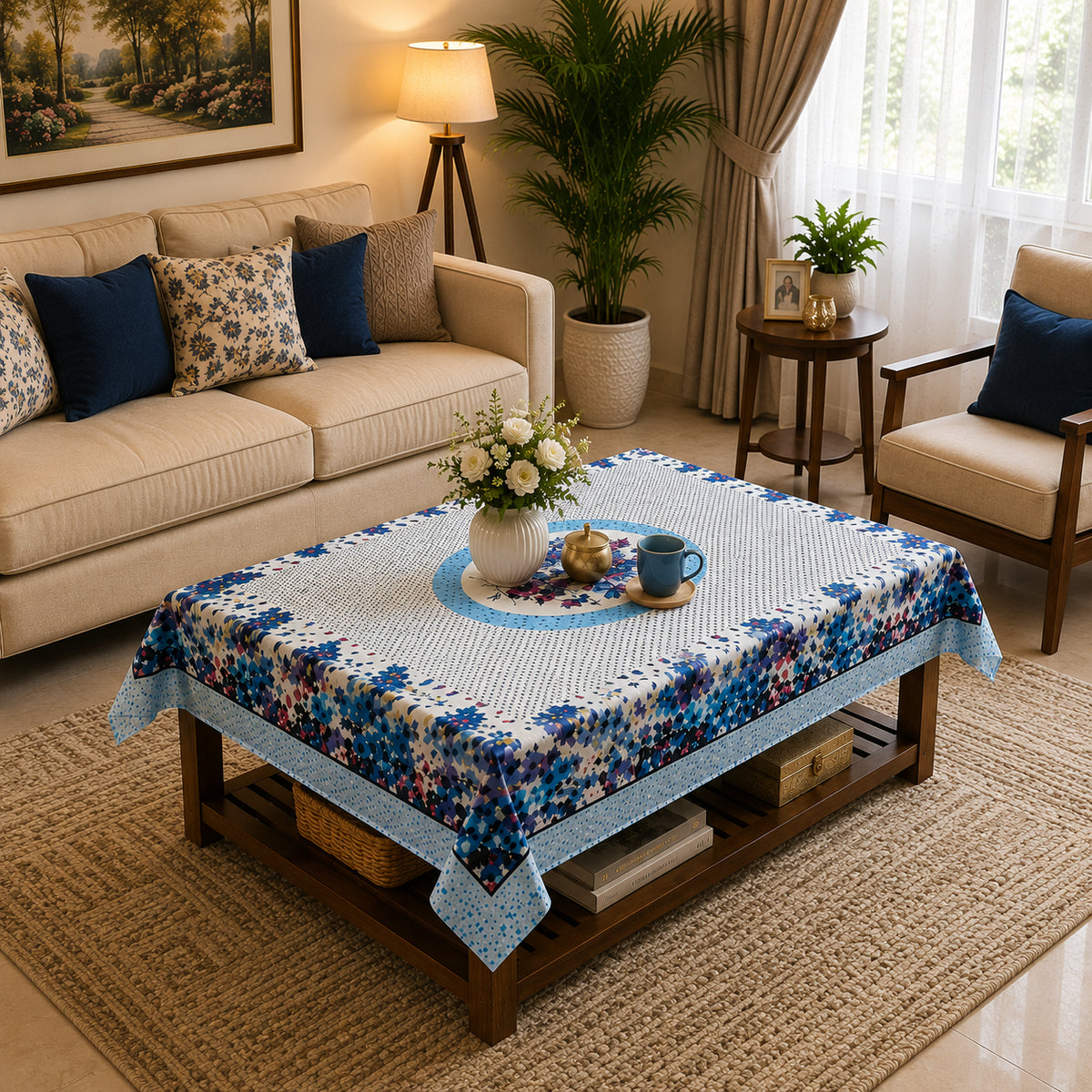 Blue Aster printed cotton table cover in blue - image 11