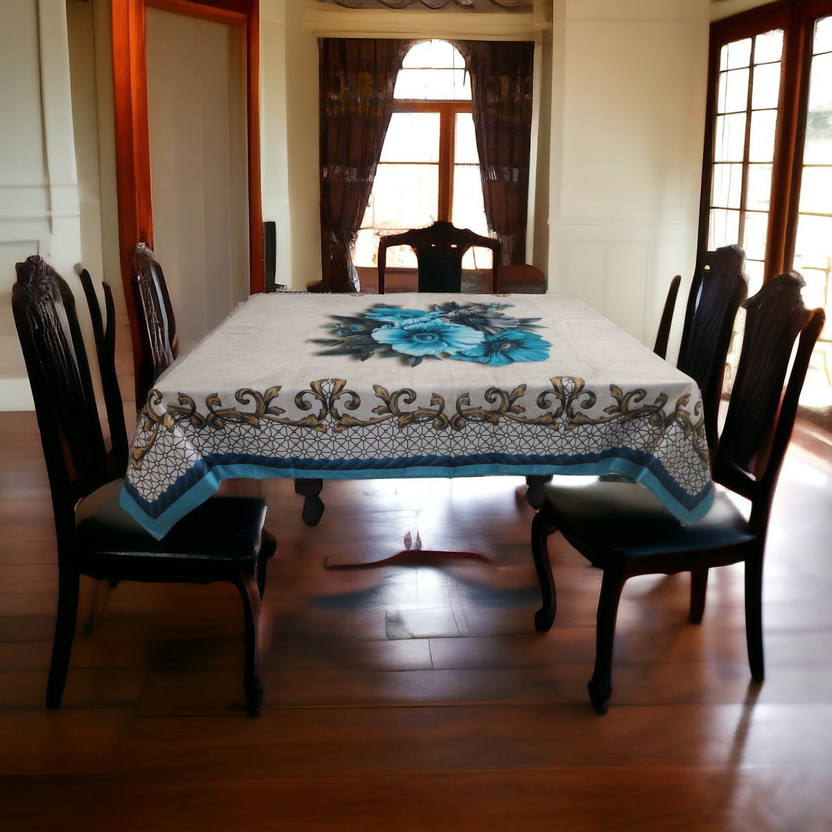 Blue Daisy printed cotton table cover in blue - image 11