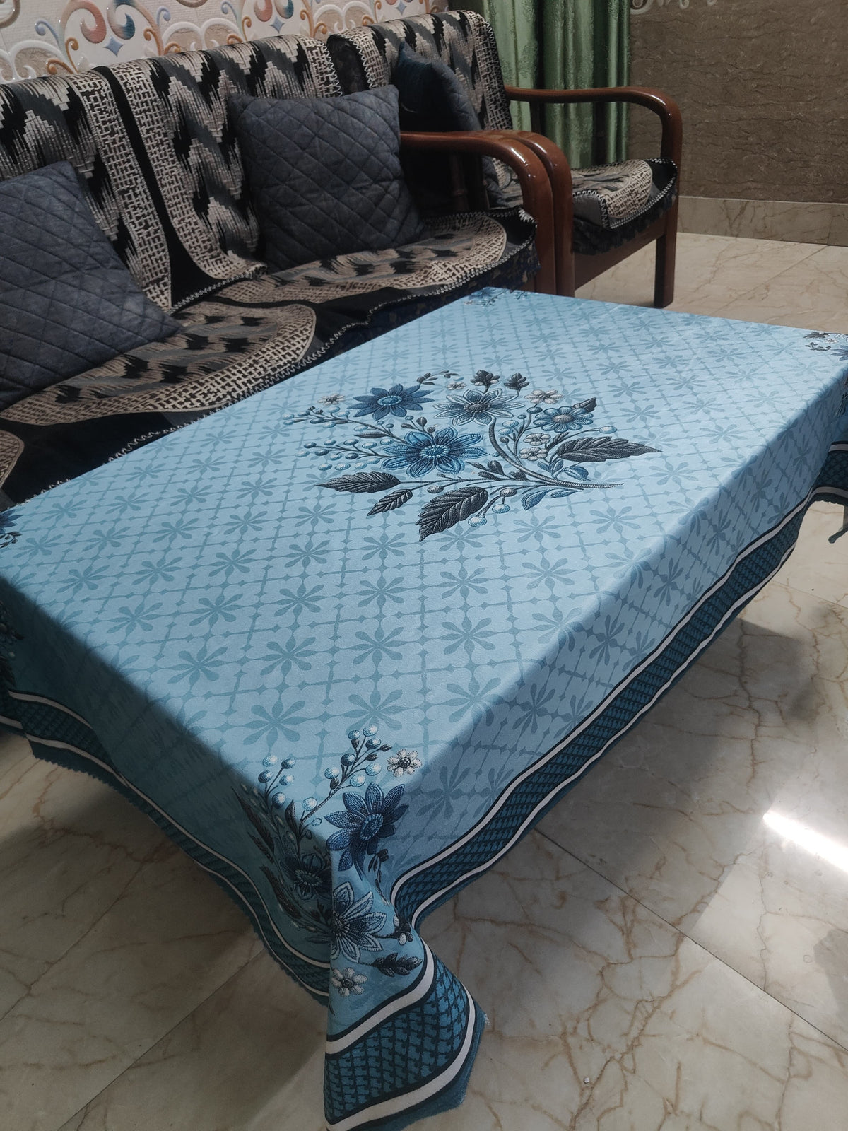 Blue Genda printed cotton table cover in blue - image 3