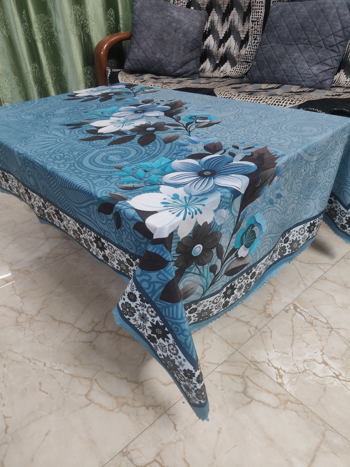 Blue Orchid printed cotton table cover in blue - image 5