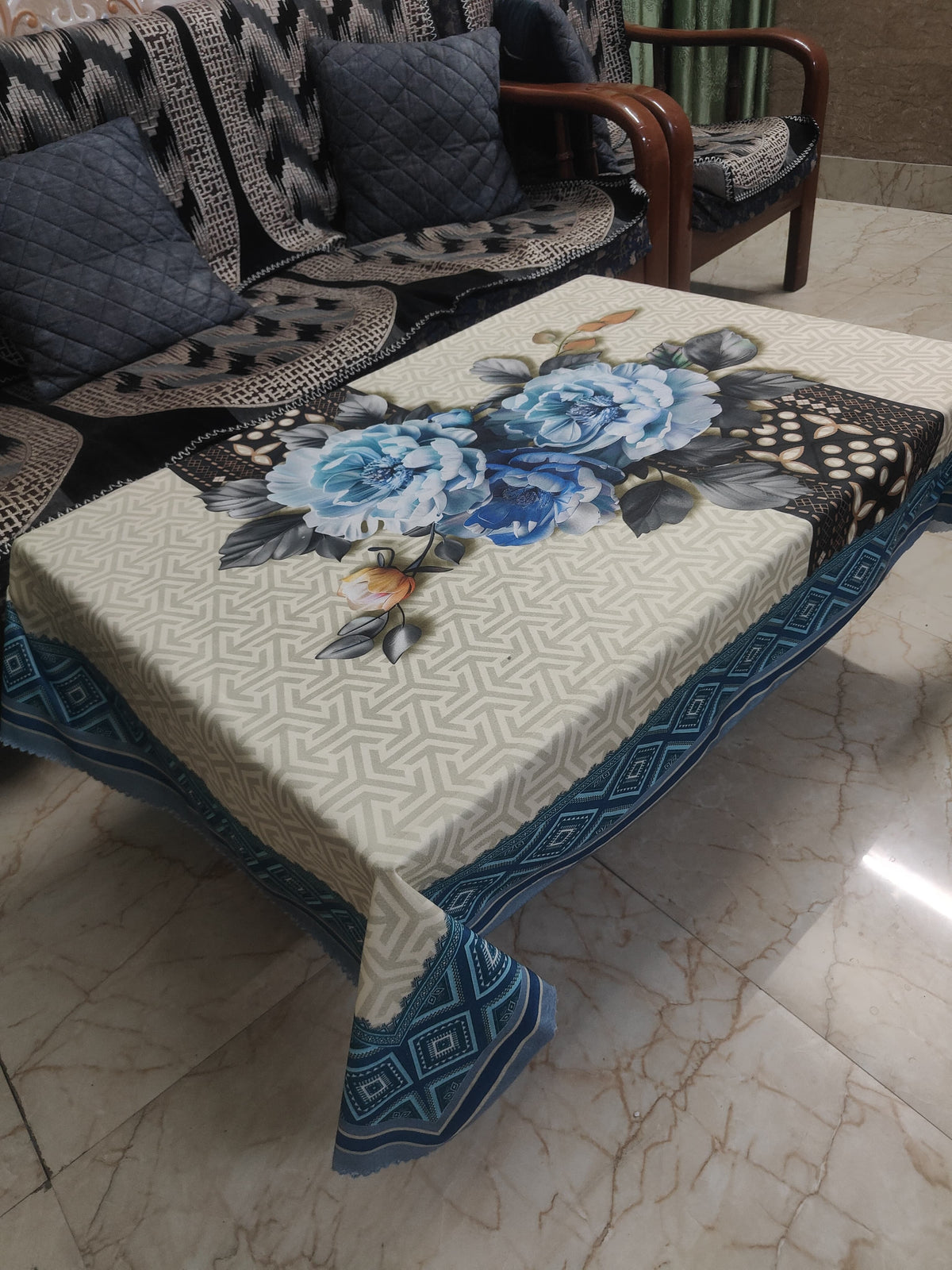 Blue Tulip printed cotton table cover in blue - image 2