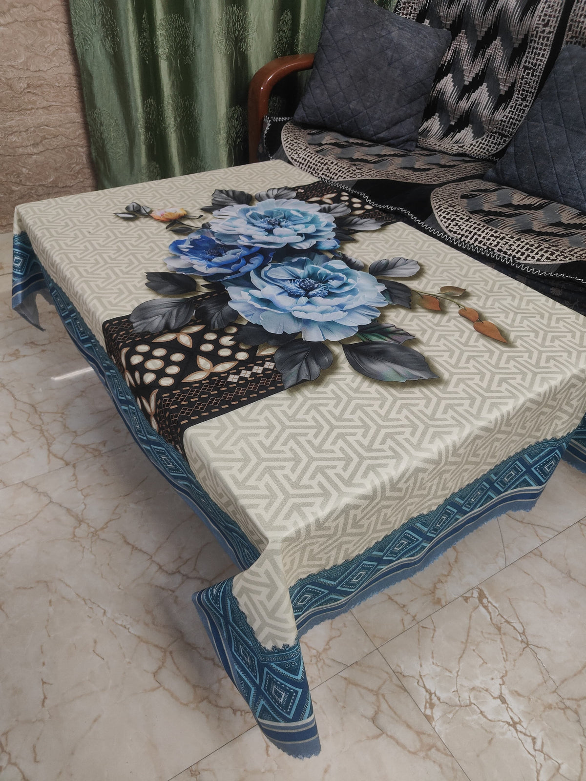 Blue Tulip printed cotton table cover in blue - image 5