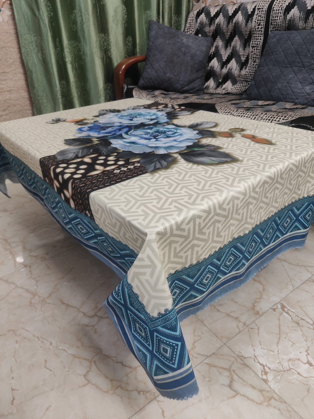 Blue Tulip printed cotton table cover in blue - image 6
