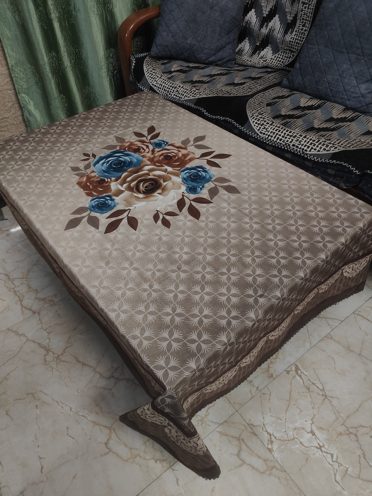 Brown Rose printed cotton table cover in brown - image 5