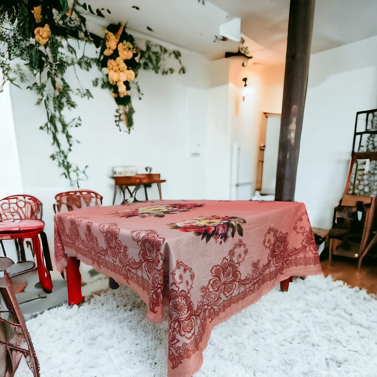 Cherry Flower printed cotton table cover in pink - image 9