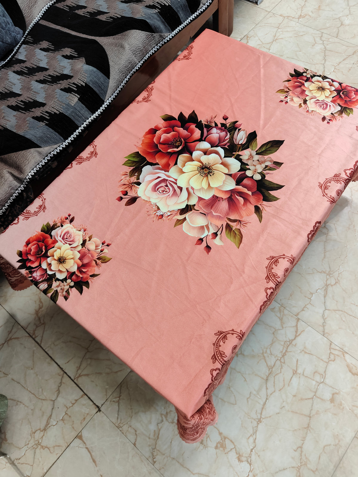 Cherry Flower printed cotton table cover in pink - image 3