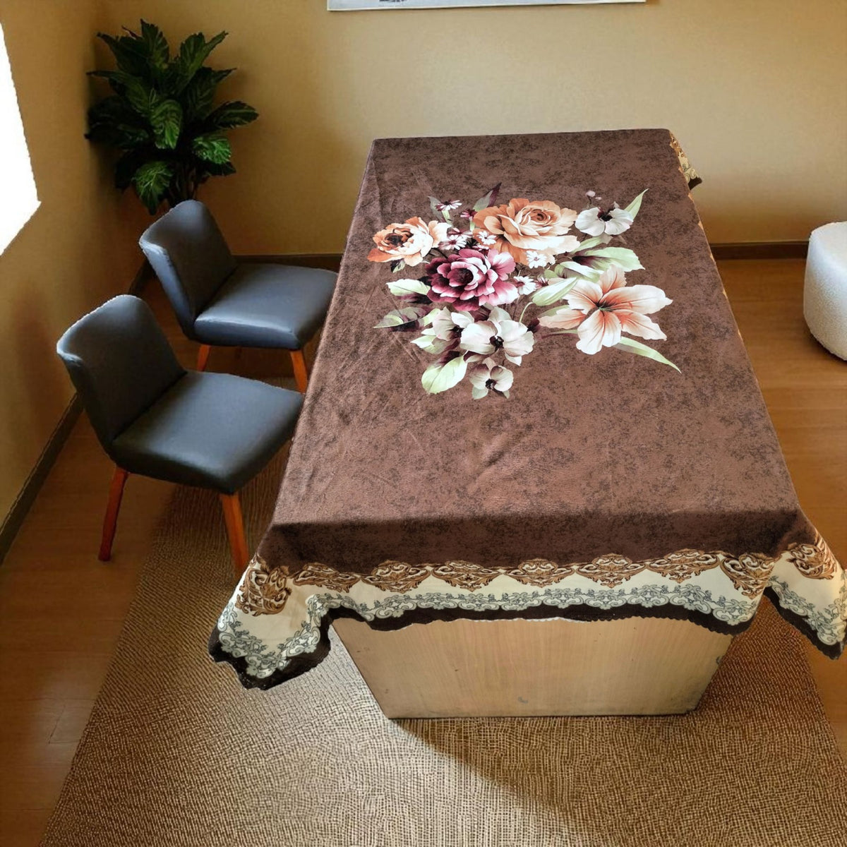 Chocolate Gudhal printed cotton table cover in brown - image 4