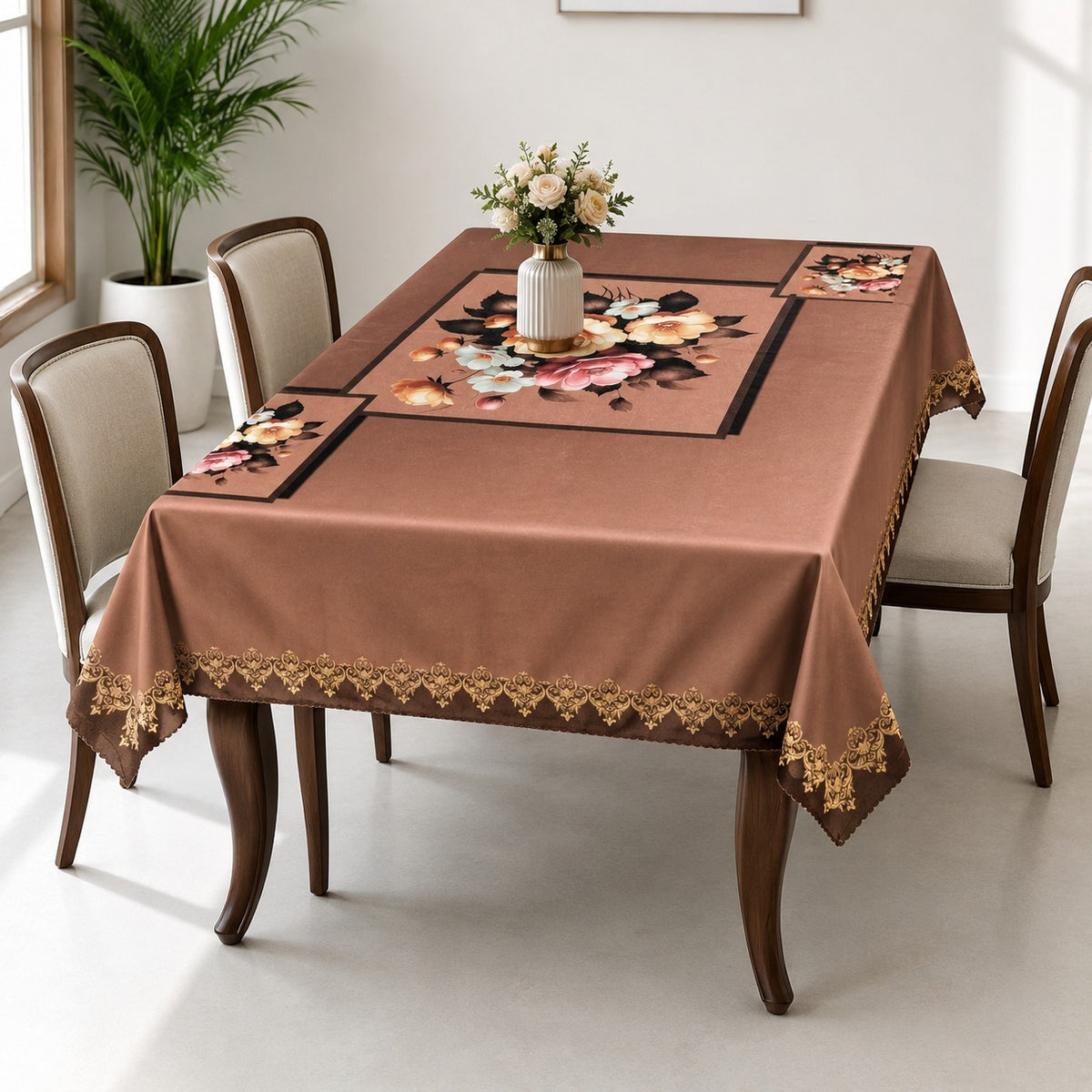 Chocolate Marigold printed cotton table cover in brown - image 4