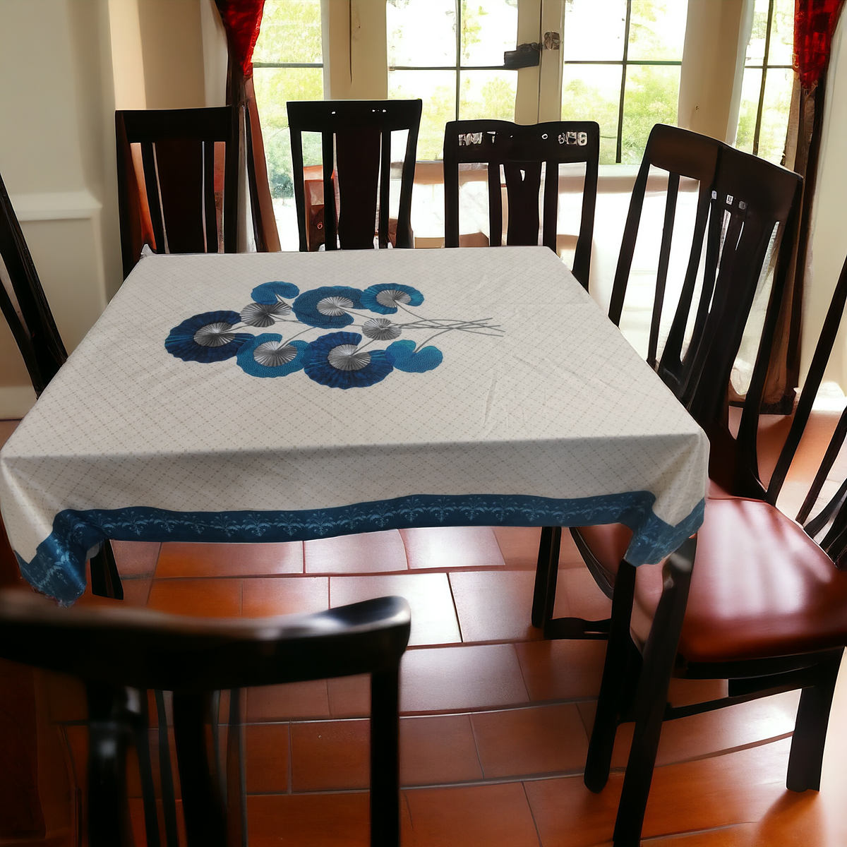 Cream Blue Lily printed cotton table cover in cream - image 1