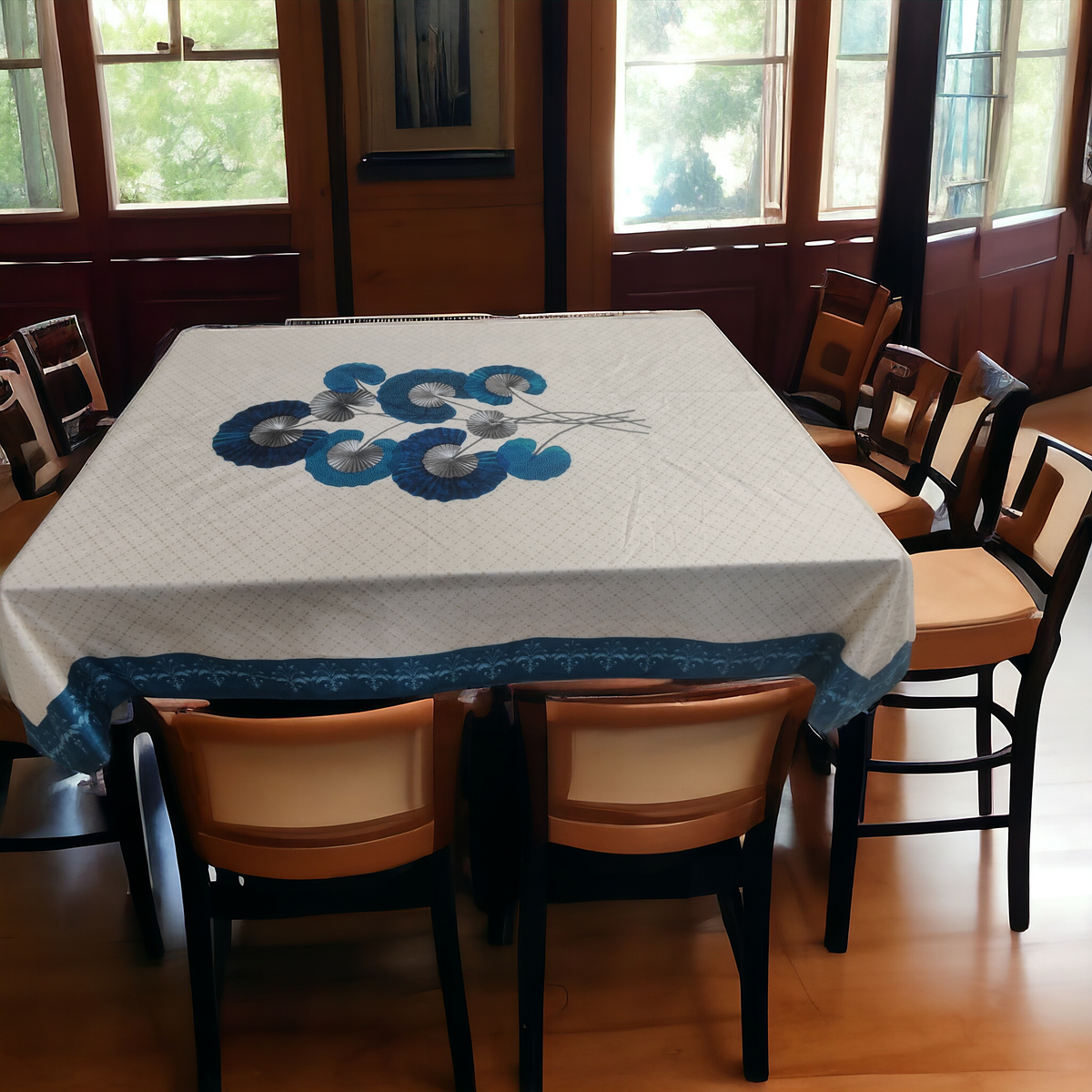 Cream Blue Lily printed cotton table cover in cream - image 7