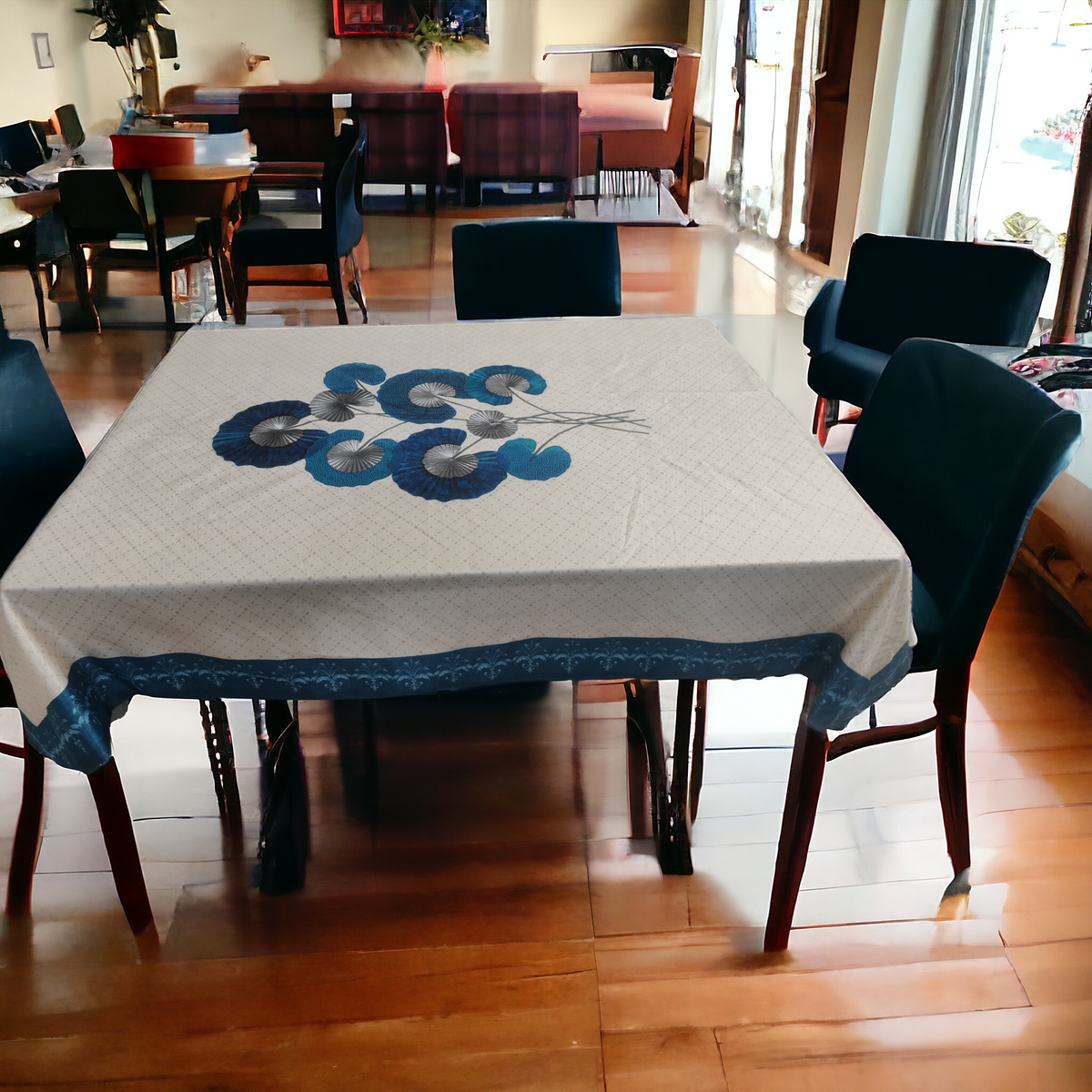 Cream Blue Lily printed cotton table cover in cream - image 9