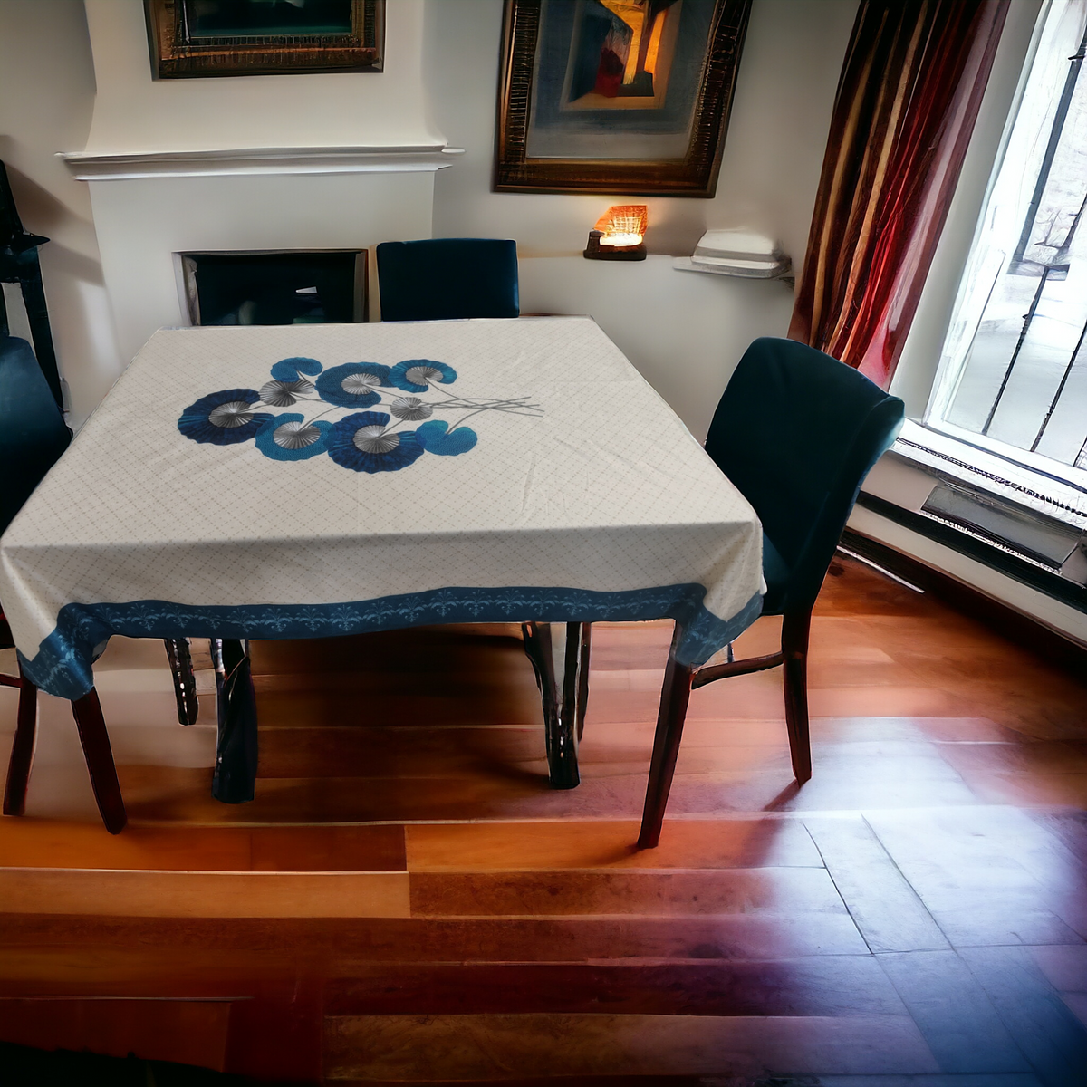 Cream Blue Lily printed cotton table cover in cream - image 12