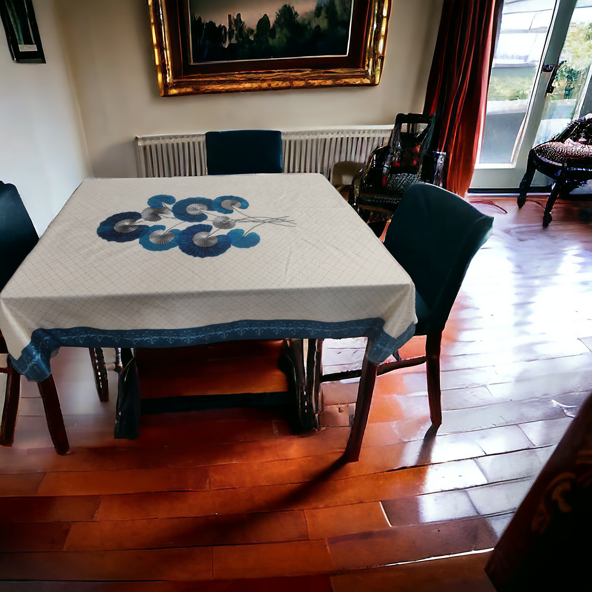Cream Blue Lily printed cotton table cover in cream - image 13