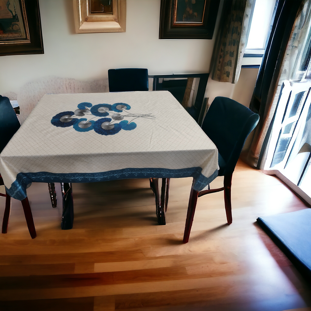 Cream Blue Lily printed cotton table cover in cream - image 15