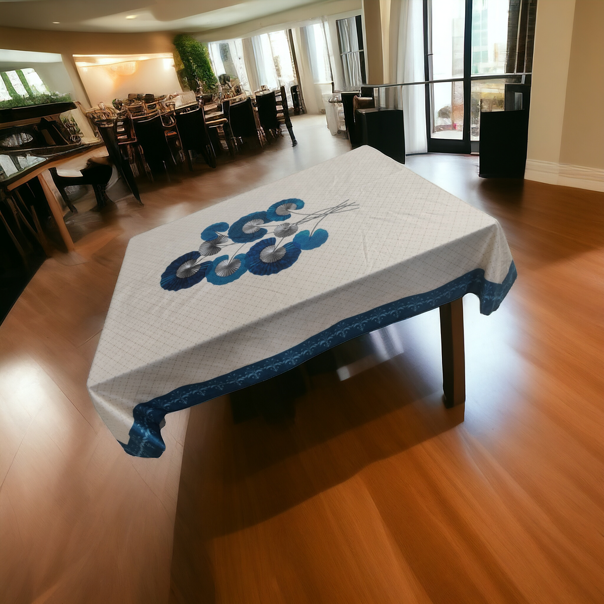 Cream Blue Lily printed cotton table cover in cream - image 11