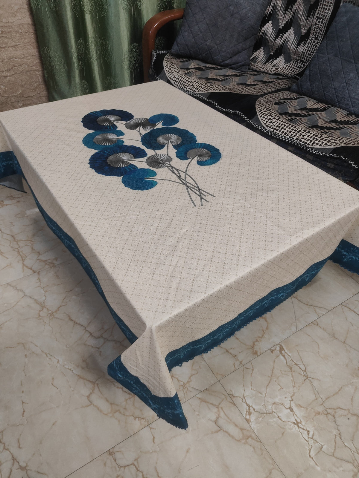Cream Blue Lily printed cotton table cover in cream - image 4