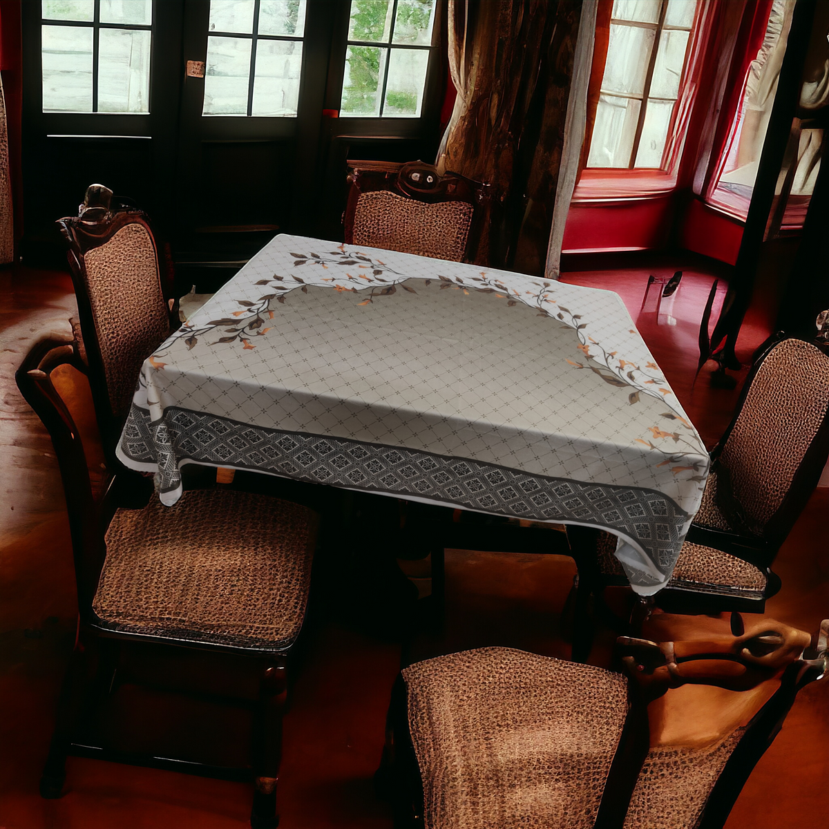 Cream Leaves printed cotton table cover in cream - image 1
