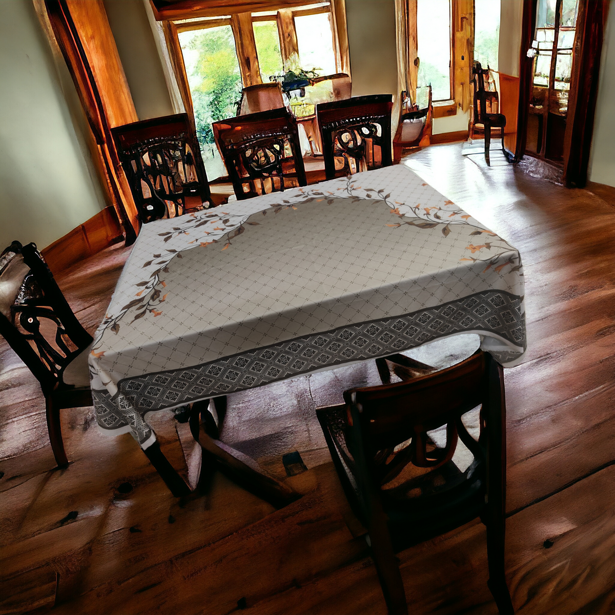 Cream Leaves printed cotton table cover in cream - image 13
