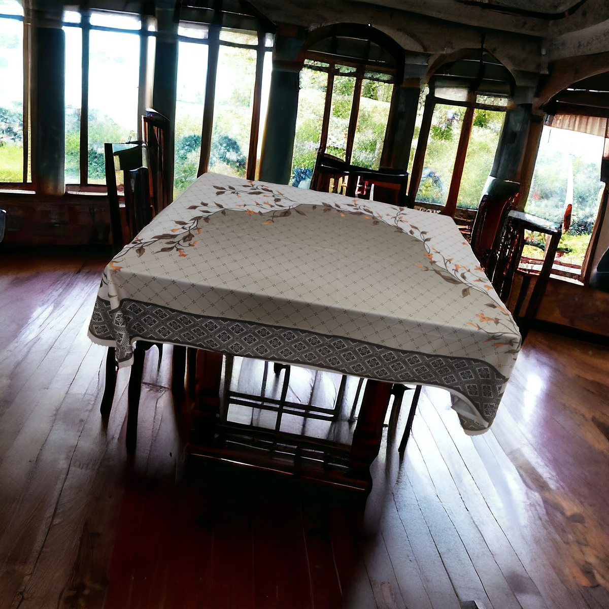 Cream Leaves printed cotton table cover in cream - image 12