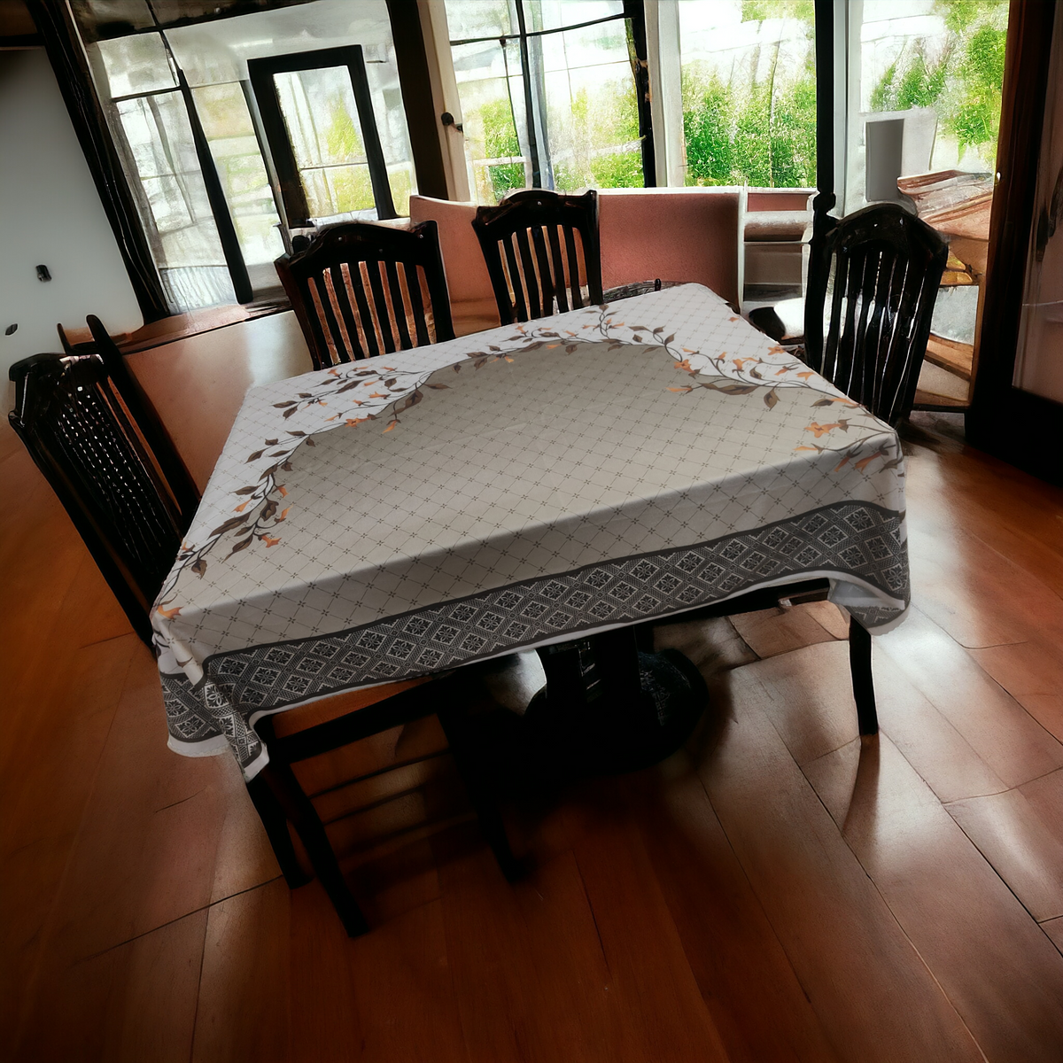 Cream Leaves printed cotton table cover in cream - image 14