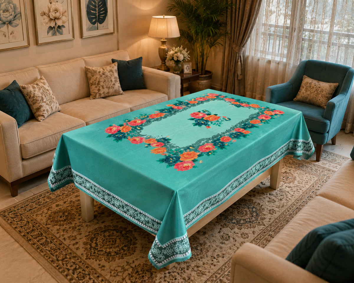 Green Gulab printed cotton table cover in green - image 7