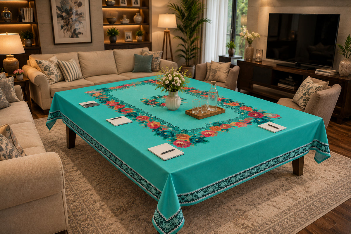 Green Gulab printed cotton table cover in green - image 2