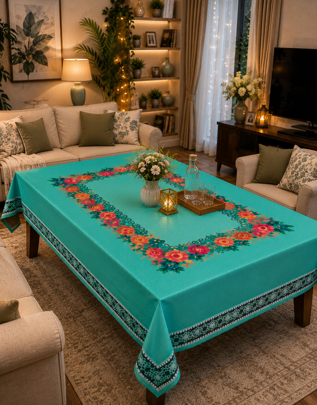 Green Gulab printed cotton table cover in green - image 6