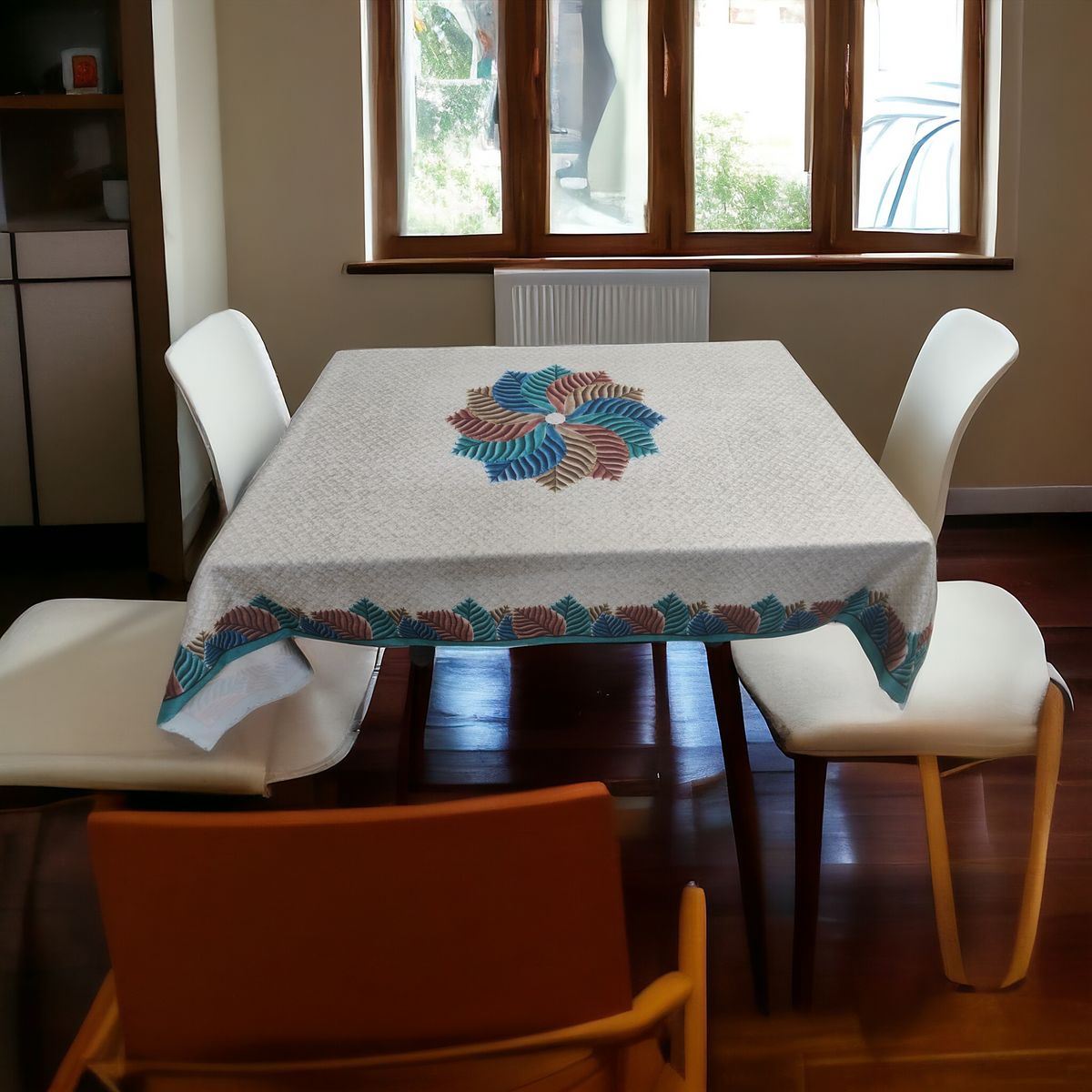 Greenish Rainbow printed cotton table cover in green - image 1