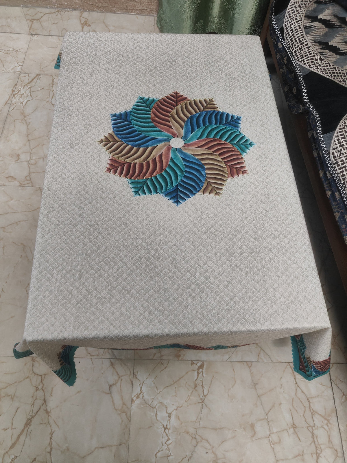 Greenish Rainbow printed cotton table cover in green - image 4