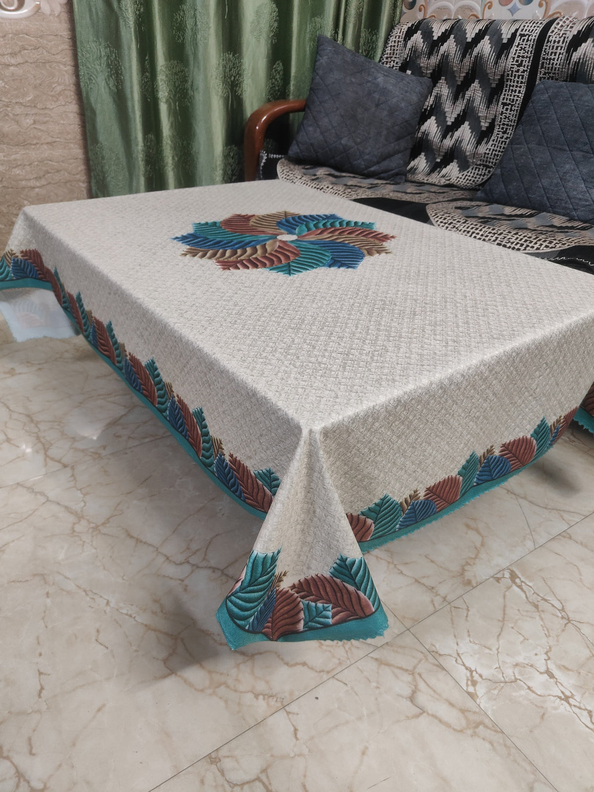 Greenish Rainbow printed cotton table cover in green - image 5
